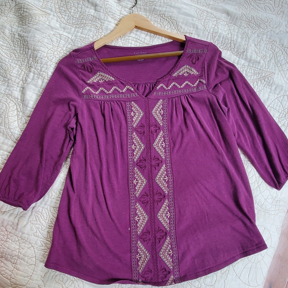 Purple Sonoma Embroidered GeoAztec Women's 3/4 Sleeve Top Medium